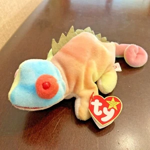 TY Beanie Baby IGGY Rainbow Iguana Tye-Dyed w/ Spikes 9" DOB 8-12-97 Yellow - Picture 1 of 12
