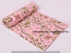 Floral Print Pure Cotton Baby Pink Kantha Quilt Coverlet Twin size Bedspread