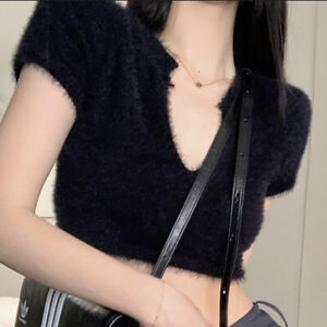 Summer Sexy V-neck Knitted T-shirt Women Korean Solid Short Sleeve Slim Crop Top