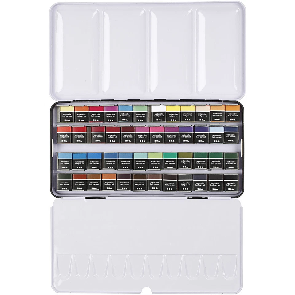 CREATIV COMPANY Großer Aquarell Tusch Wasser Farben Kasten Set Metall Künstler 48x Halbe Näpfe