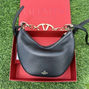 VALENTINO GARABANI VLOGO MOON MINI HOBO BAG BLACK LEATHER GOLDEN HARDWARE NEW! - Picture 1 of 20