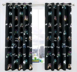 168x182cm Game Controller Eyelet REVERSIBLE Curtain Pair Kids BLACK BLUE Shade😍 - Picture 1 of 4