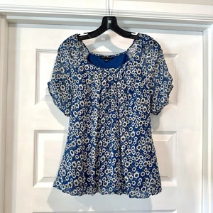 Blusa Top Sara Michelle Para Mujer Talla L Manga Corta Floral Dobladillo Burbuja Azul - Imagen 1 de 9