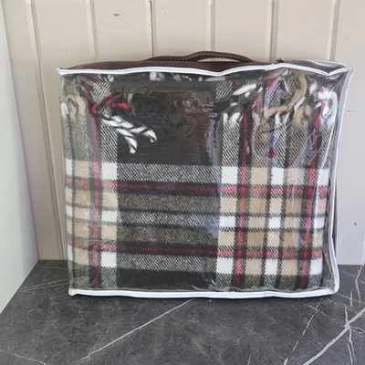 Vtg Faribo Brown Plaid Throw Blanket Faribault Woolen Mill 50"x60" Carry Case - Image 1 of 4