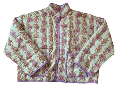 Free People Women's Sz Med Floral Quilted Jacket Purple Ivory Pockets Coat - Image 1 of 4