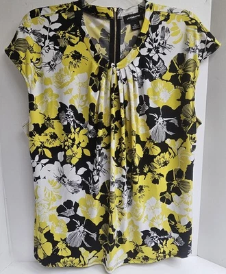 Liz Claiborne Shirt Womens 2XL Yellow Black White Floral Stretch Pleated Career - Image 1 of 4