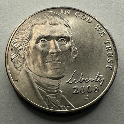 2008-D Jefferson Nickel 5cent Coin Uncirculated from US Mint Set - Satin Finish Cover