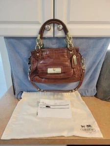 COACH KRISTIN EMBOSSED WALNUT BROWN CROC LEATHER TOTE BAG PURSE SATCHEL DUST BAG - Picture 1 of 15