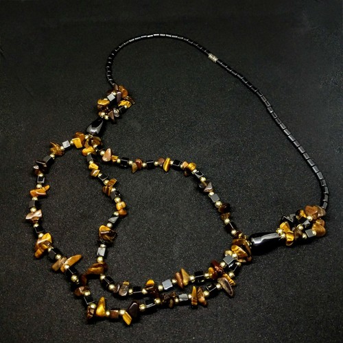 VETEMENTS Splendida collana di perle ematite e occhio di tigre ~ nero e giallo ~ 3 fili