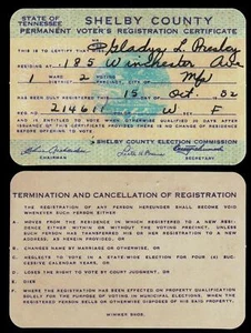 Licensed Graceland REPLICA Gladys Presley Shelby County Voter's Registration - Picture 1 of 1