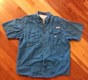 Columbia Shirt XL Blue PFG Bonehead Fishing Short Sleeve Vented Cotton 