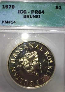 Brunei $1.  1970.  KM#14.  ICG PR64. Uncirculated PROOF. - Picture 1 of 2