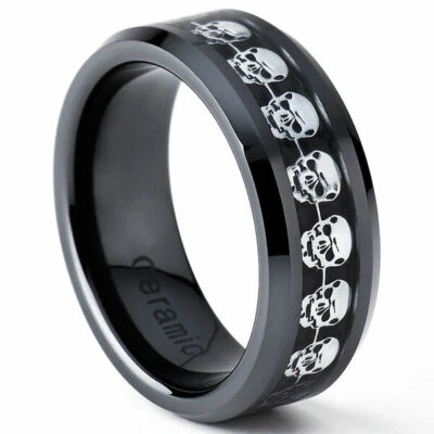 8mm Men's Ceramic Skull Over Carbon Fiber Inlay Wedding Band Ring - Image 1 of 4