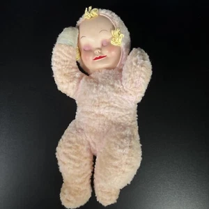 Muñeca vintage KNICKERBOCKER SLEEPY HEAD cara de goma años 50 felpa rosa rubia niña - Imagen 1 de 10