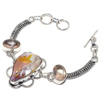 Brazalete de plata de ley 925 con piedras preciosas de morganita y perlas Biwa naturales 7-8" a703 Foto 1 de 4