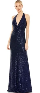 IEENAMac Duggal Gown Dress Size 8 Blue Sequined Halter Strap Plunge V Neck 11277 - Picture 1 of 14