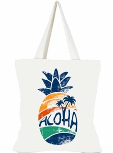 Hawaiian Sunset Palm Tree Pineapple Canvas Washable Cotton Tote Everyday Bag-NEW - Picture 1 of 1