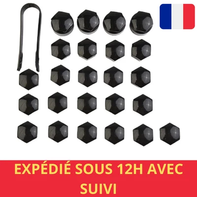 Cache Écrou Jante 17mm NOIR (Kit 24) + Outil – Anti-Rouille Cache-Boulon Voiture - Photo 1/4