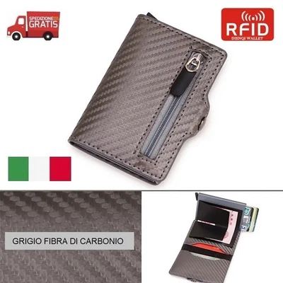MINI PORTAFOGLIO SLIM RFID PORTA CARTE DI CREDITO TESSERE MONETE FIBRA CARBONIO - Immagine 1 di 4