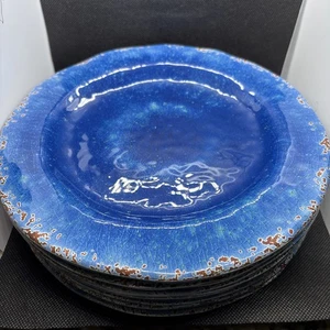 Pier 1 Imports Set Of 8 Carmelo Melamine Blue Rustic Crackle 9” Salad Plates - Picture 1 of 4