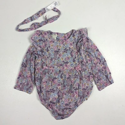 Romper bolha monção bebê meninas tamanho 9-12m roxo floral babado faixa para cabeça - Imagem 1 de 4
