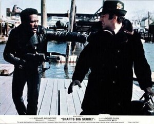 Shaft's Big Score Richard Roundtree holds gun on man in marina lobby card