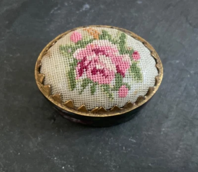 Vintage Small 1.5 Inch Oval Blue Floral Enamel Petit Point Top Pill Trinket Box - Image 1 of 4