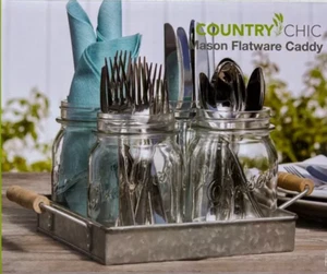 DESIGN COUNTRY CHIC GLASS MASON JARS FLATWARE CADDY VINTAGE DESIGN 5 PIECE - Picture 1 of 5