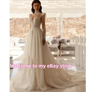 Luxury Muslim Wedding Dresses High Neck Long Sleeve Tulle Beaded Bridal Gowns - Picture 1 of 11