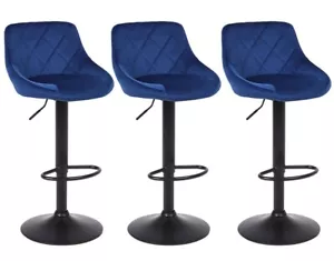 3 X BLUE Velvet Bar stools , set of 3, Matt Black Metal - Picture 1 of 11