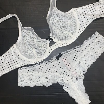 Victoria's Secret unlined 34D BRA SET S thong WHITE black polka dot lace BODY by - Image 1 of 4