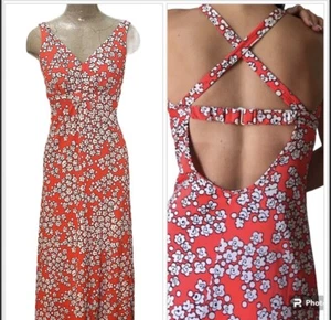 VTG 70's Jantzen Beach Cover Up Disco Backless Strappy Coral Red Maxi Dress XS - Picture 1 of 9