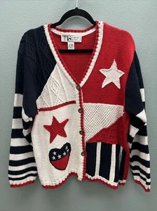 Norton Studio Women’s L Knit Color Block Cardigan Patriotic Stars Stripes Red - Picture 1 of 3