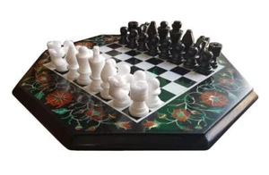 15" Marble Chess Table Top Semi Precious Stones Inlay Art With Chess Pieces - Picture 1 of 5