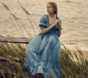 DOEN retro blue hooded puff sleeve mid-length dress - Picture 1 of 12