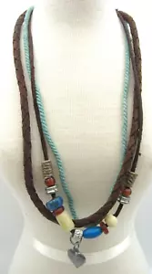 Unique Surfer Multi Brown Leather  Blue Rope Mixed Beads heart Necklace 19" - Picture 1 of 4