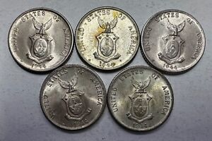 1944 20c US-Philippines  Silver Coins 5 pcs UNC/BU - lot#6