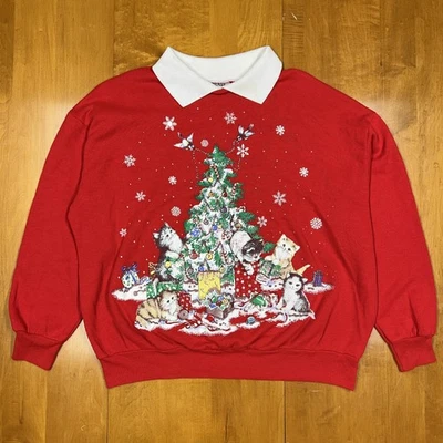 Vintage Christmas Kitten Cat Snowflake Present Tree Red Sweatshirt Size Large - Image 1 of 4