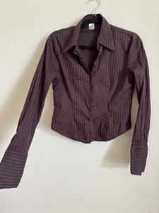 Vintage Y2K braun rosa Nadelstreifen Büro Sirene Arbeitskleidung Knopfleiste Kragen Top L - Bild 1 von 5