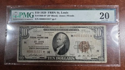 1929 $10 Federal Reserve Bank Stat Note FR.1860-H* St. Louis  PMG VF20 - Image 1 of 2