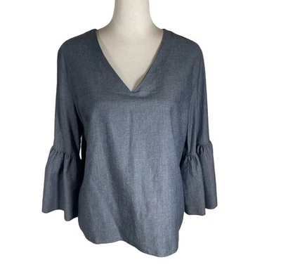 Banana Republic Blouse Top Women's Medium Denim Blue Cotton V-Neck Bell Sleeves - Image 1 of 4