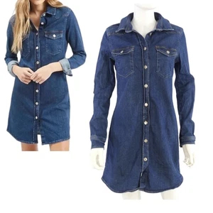 Topshop Denim Shirt Dress Stretch Mini Button Front Collared Retro size UK 12 - Picture 1 of 20