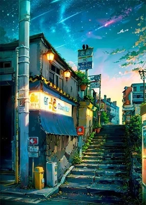 Japan Treppe Sterne Nacht Poster Druck Deko Wandbild Wohnzimmer Bild - Bild 1 von 4