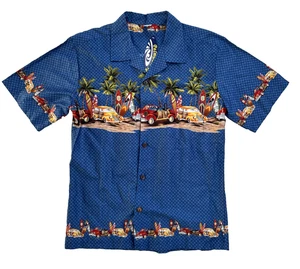 Palmwave Hawaiian Shirt Mens Medium Blue Aloha Vintage Cars Tropical Beach Party - Picture 1 of 7
