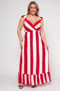 Womens Plus Size Red Stripe Maxi Dress 1X Ruffled Accents - Picture 1 of 3