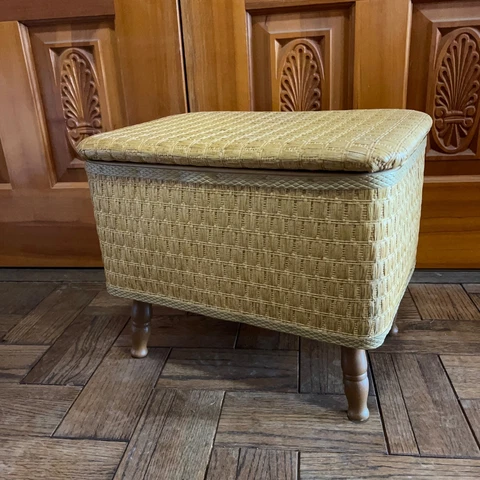 Vintage Sewing Stool Basketweave Wood Legs Roman Wicker Ottoman Mid Century Cover