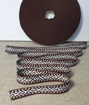 Ribbon traditional ethnographic with Latvian New Jumis signs White with brown - Image 1 of 2