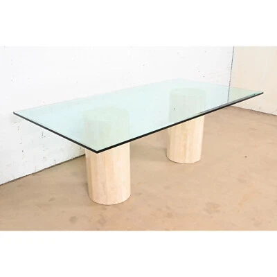 Matteo Grassi Modern Italian Travertine Double Pedestal Glass Top Dining Table - Image 1 of 4