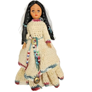 Native American Indian Doll Handmade Crochet Dress on Stand 14" - Picture 1 of 11