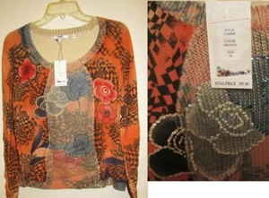 Vertigo Paris orange schwarz Pailletten verziert Top mit U-Ausschnitt Langarm, XL - Bild 1 von 7